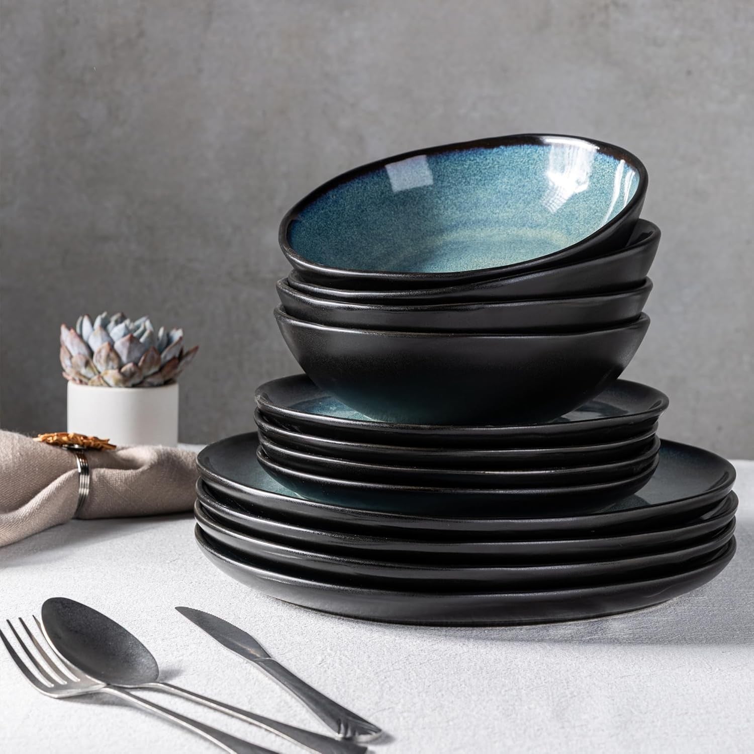12pc Stoneware Dinnerware Set Reactive Blue Plates Bowls Dishwasher Safe