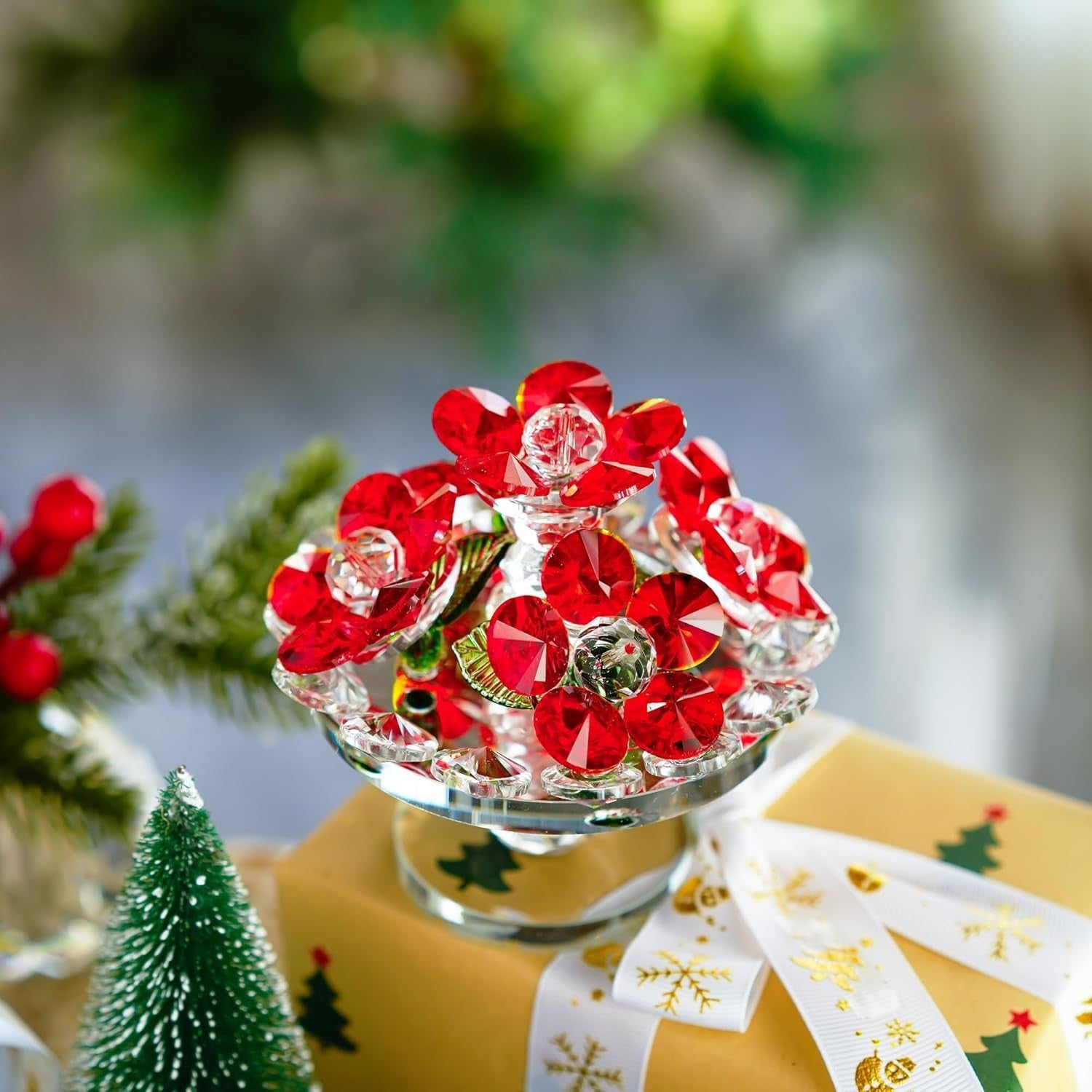 Crystal Red Flower Bouquet Ornament • K9 Glass Centerpiece • Elegant Home Décor