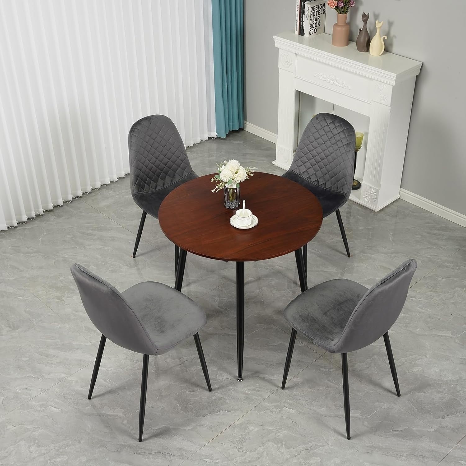 Modern Round 90cm Dining Table Set 4 Velvet Chairs Kitchen Living Room