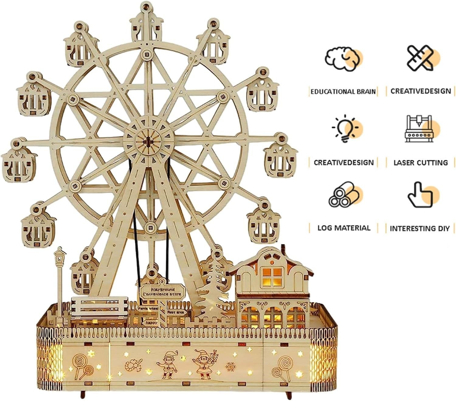 3D Wooden Ferris Wheel Puzzle with LED Lights & Music, DIY Craft Gift