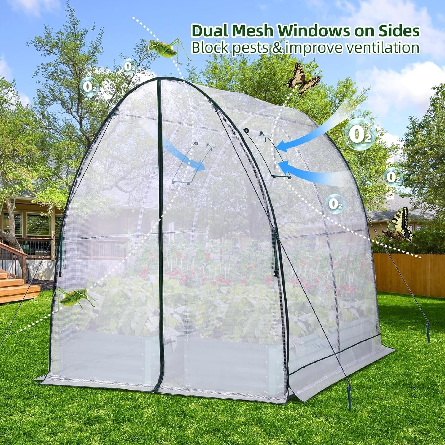 Portable Tunnel Greenhouse with Heavy Duty PE Cover & Mesh Windows 1.8x1.8x2m