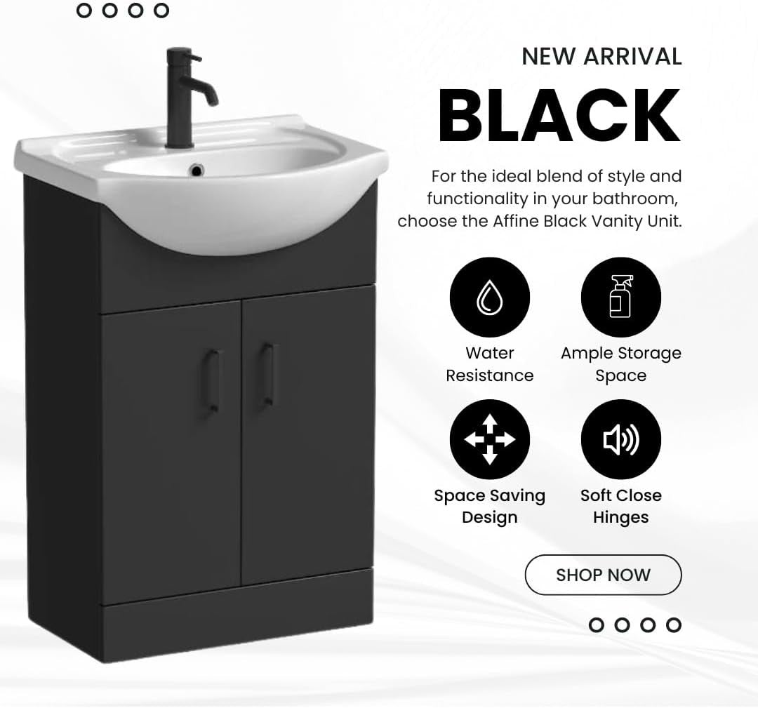 560mm Matt Black Vanity Sink Unit – Freestanding Bathroom Basin Cabinet