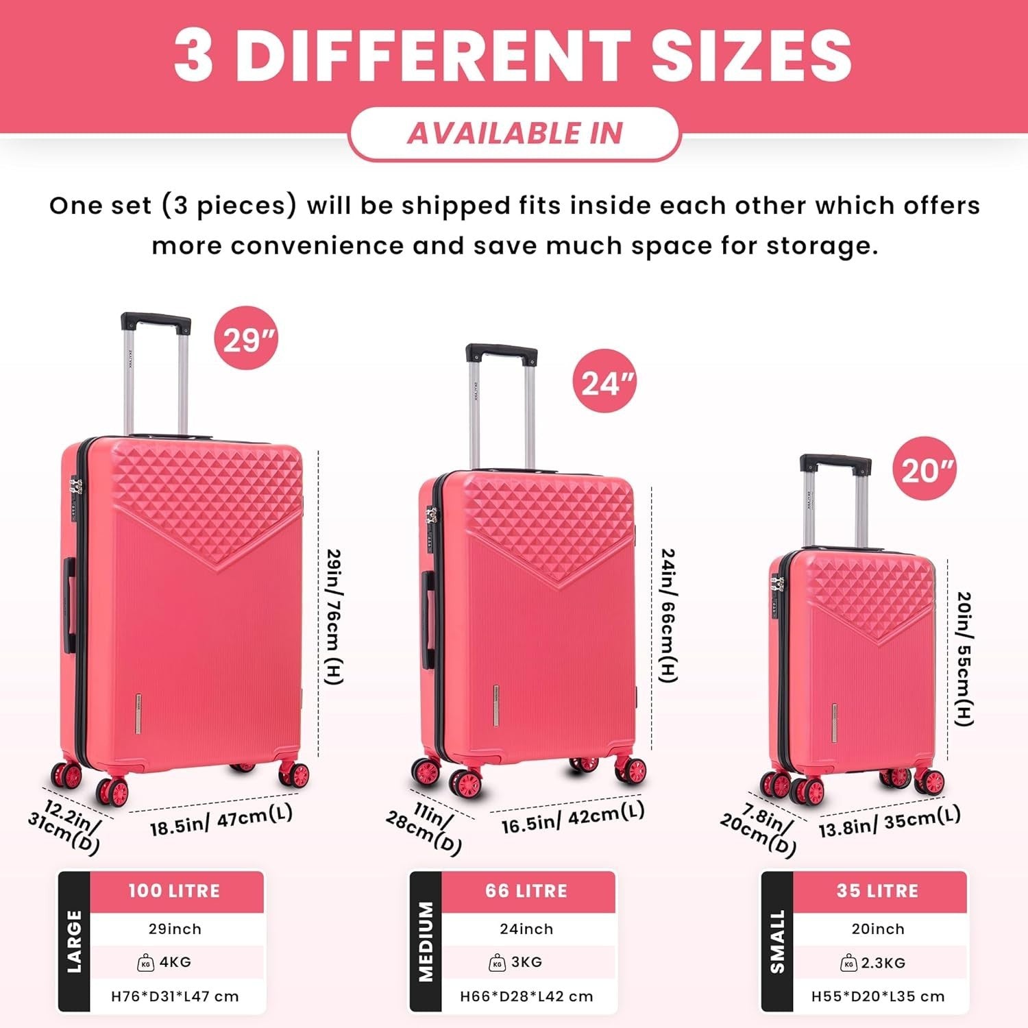 24 Inch ABS Check In Luggage Lightweight Hard Shell 4 Wheel Spinner 66L