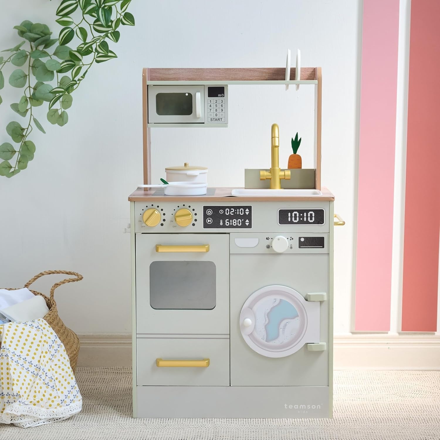 Wooden Kids Play Kitchen Green Mini Garden Washing Machine Toy Set