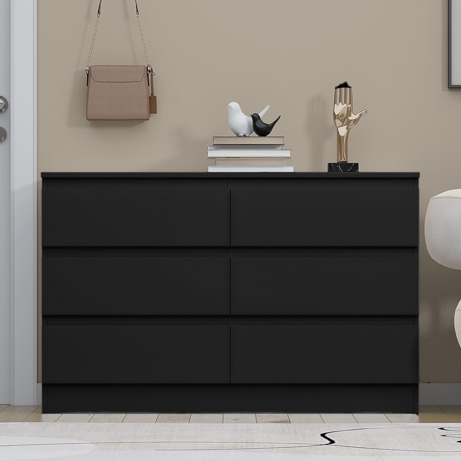 Black 6 Drawer Chest Dresser Unit Bedroom Storage Cabinet Modern MDF