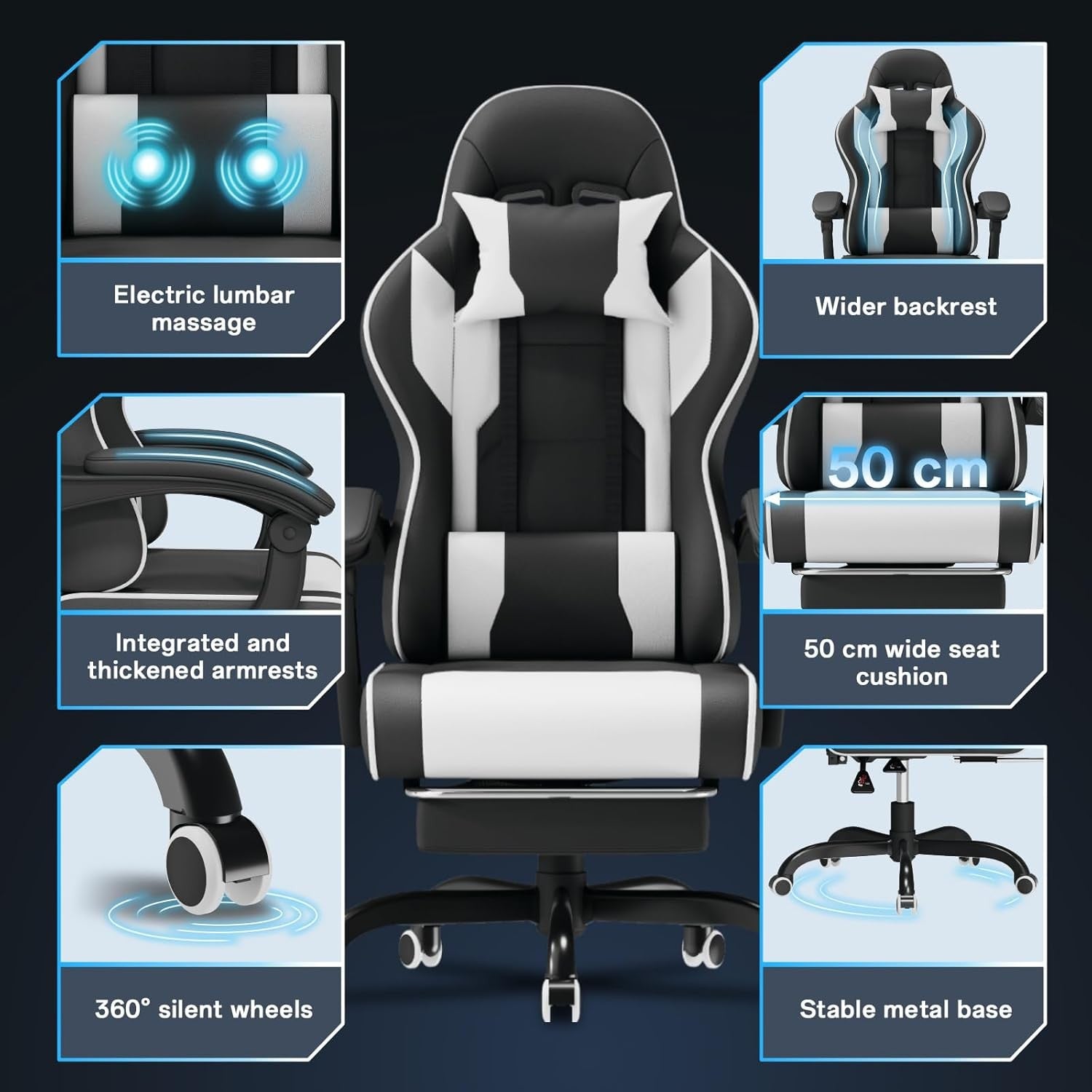 Ergonomic Gaming Chair White w/ Footrest Massage Lumbar