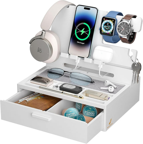 Bamboo Nightstand Organizer Tray with Drawer & Phone Dock for Multi-Device