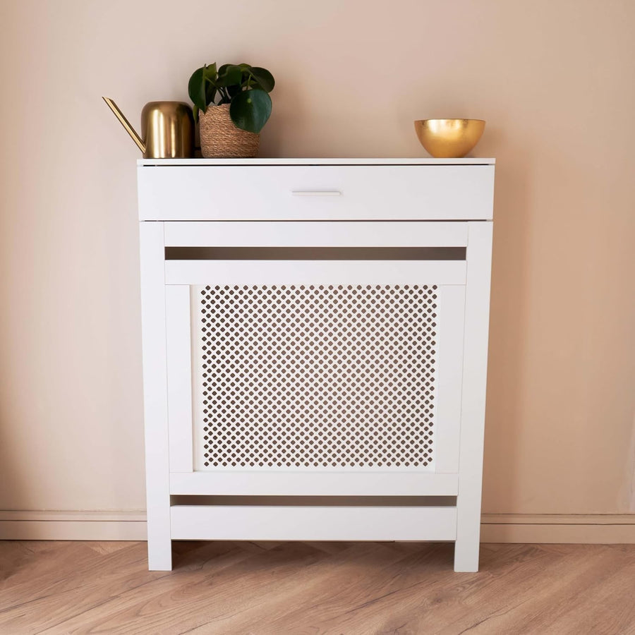 White Radiator Cover with Drawer Diamond Slat W78xH96cm Modern Wooden Cabinet
