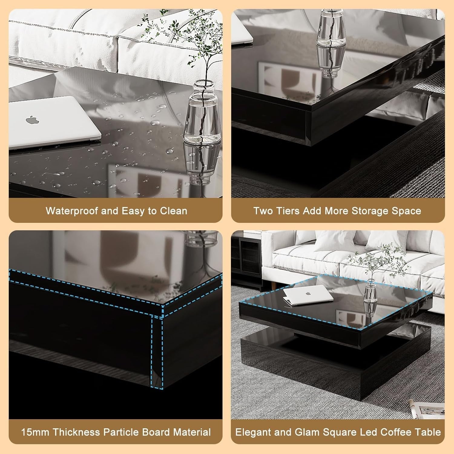 Black Glossy LED Coffee Table with Storage, 2-Tier Square 78x78cm