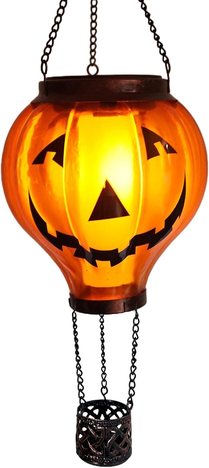 Halloween Pumpkin Hot Air Balloon Solar Lantern LED Flicker Light Outdoor Decor