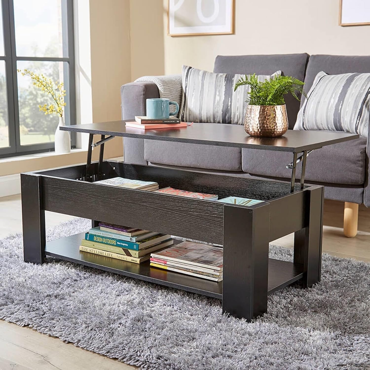 Lift Top Black Coffee Table 100x50cm with Hidden Storage & Magazine Shelf