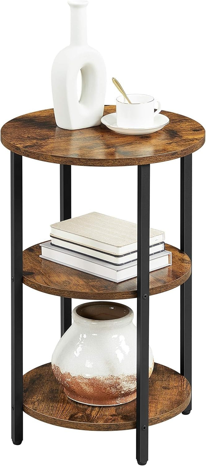 Round 3-Tier Side Table Rustic Brown Black Steel Frame Small Coffee End Table