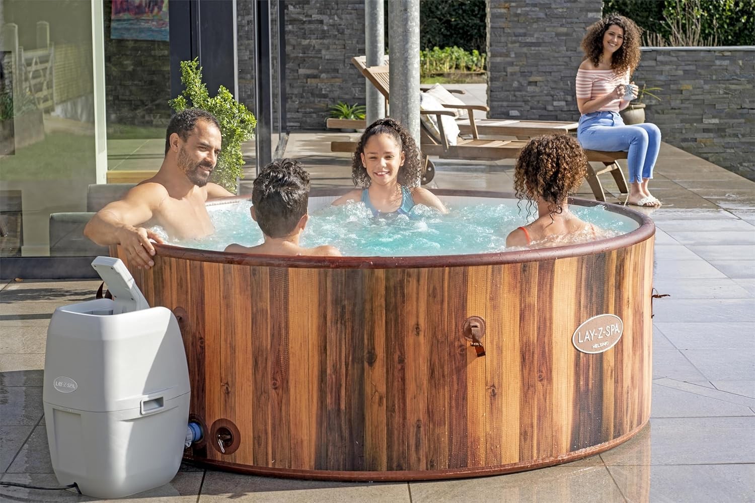 7 Person Inflatable Hot Tub Wood Effect Smart AirJet Heated Spa