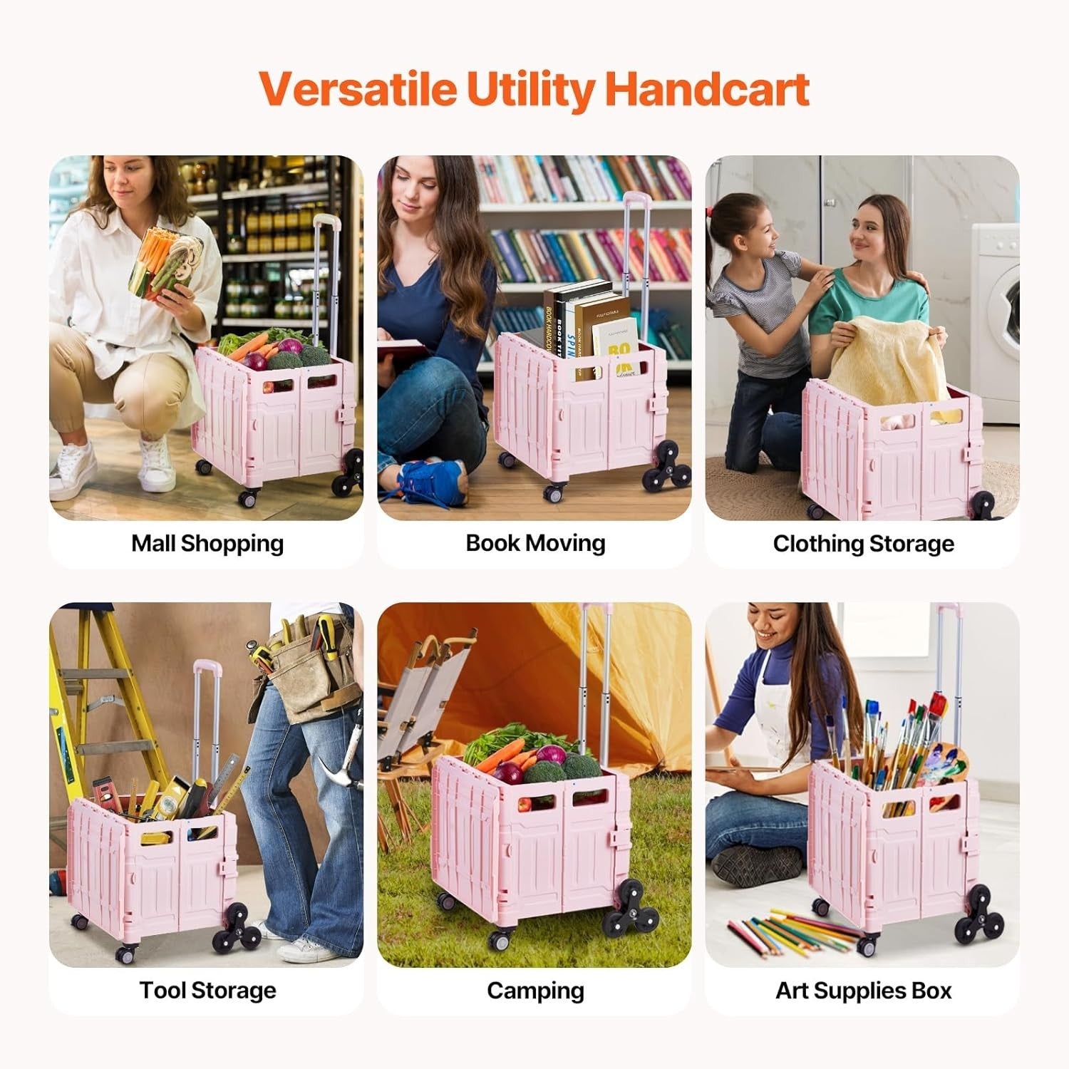 Foldable 65L Utility Cart Stair Climber Wheels Portable Pink