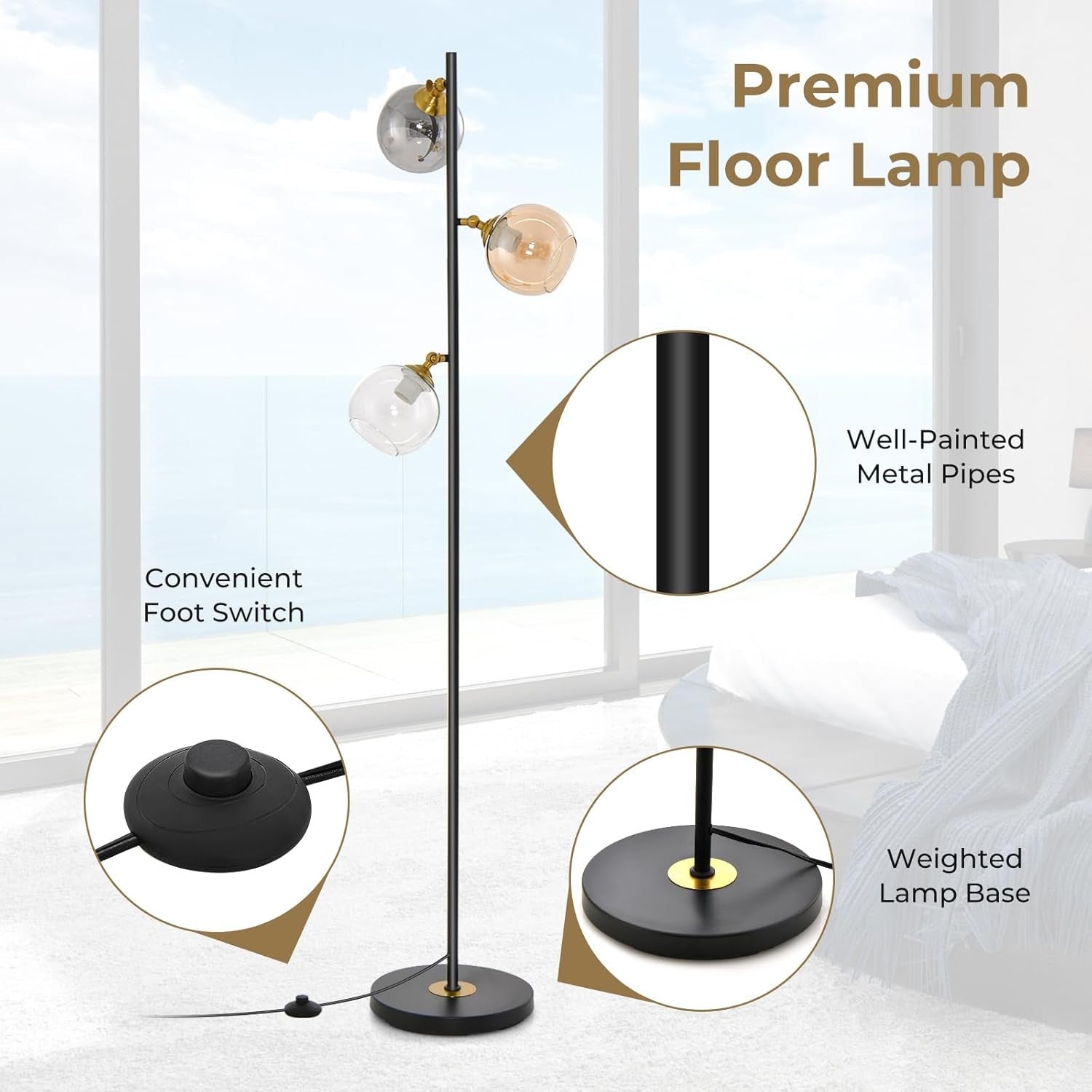 3 Light Floor Lamp Industrial Tree Standing Lamp Glass Shades E27 Tall
