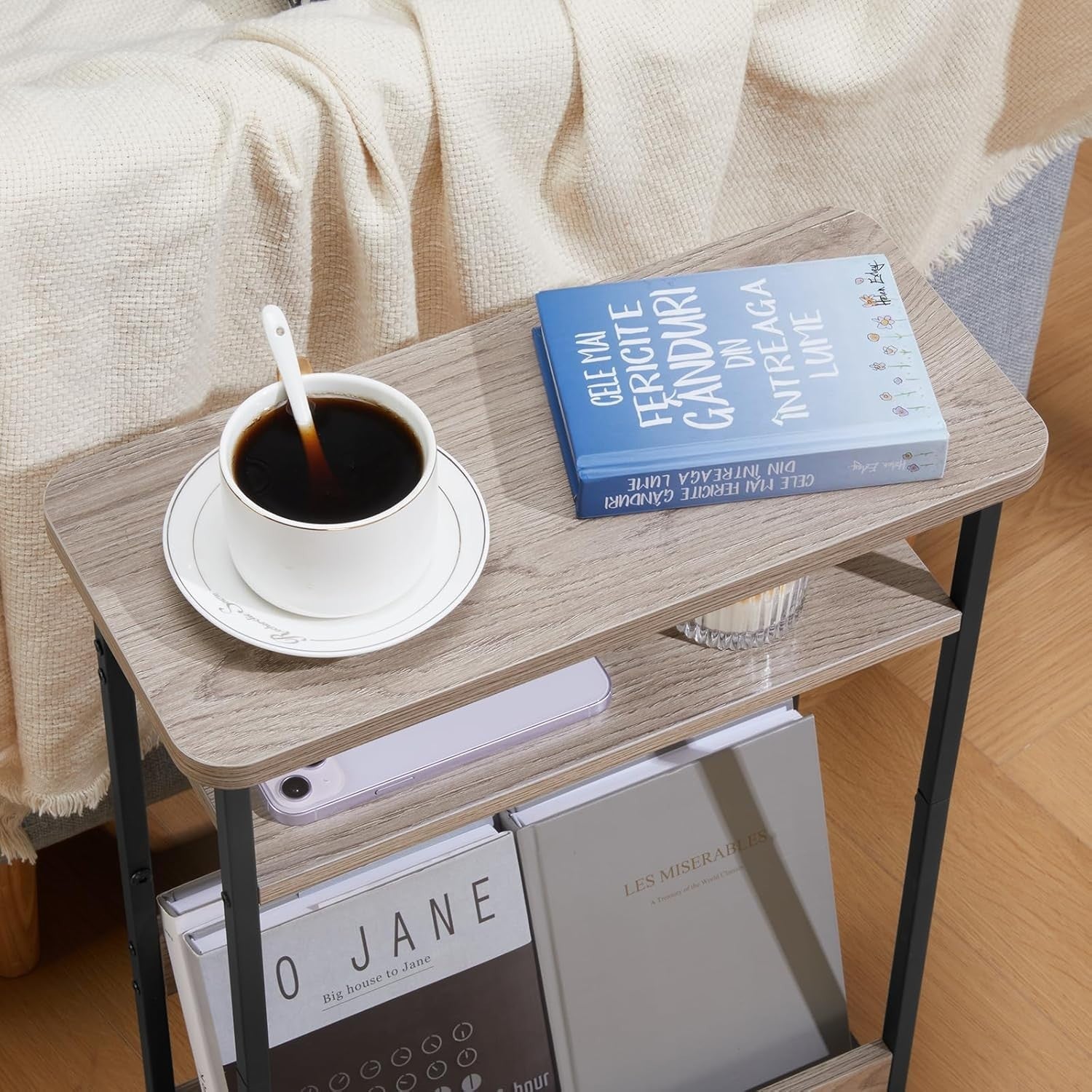 Slim Oak Side Table for Small Spaces – 3-Tier Narrow Bedside & Sofa Unit