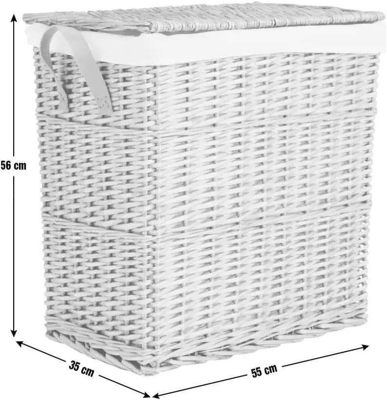 Large Willow Laundry Basket 44×55cm Dual Compartment Wicker Hamper w/ Liner Grey