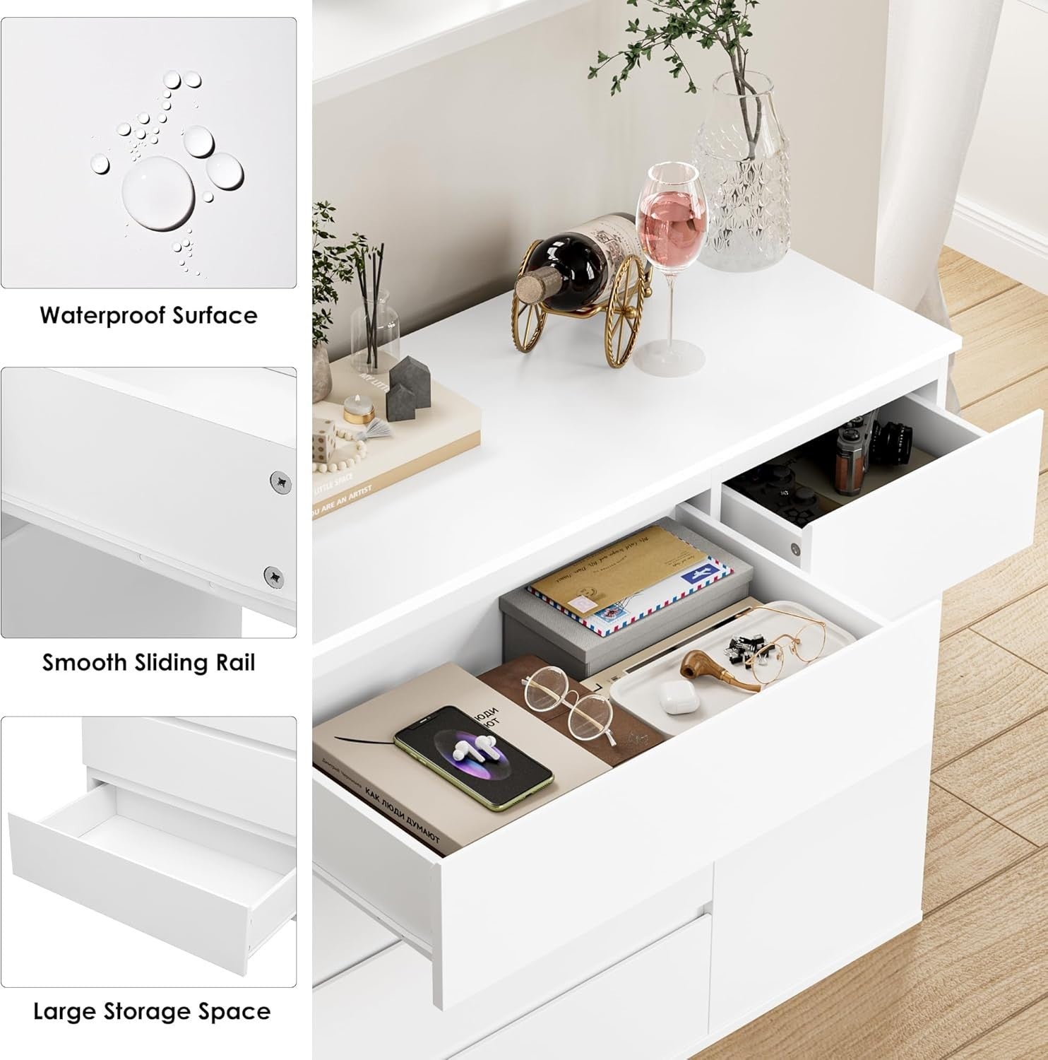 White 5 Drawer Chest of Drawers Storage Cabinet Large Sideboard Bedroom