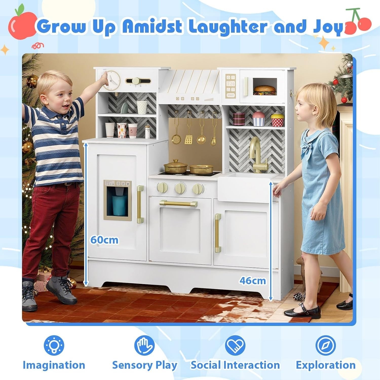 Wooden Kids Play Kitchen White w/ Coffee Station Ice Dispenser
