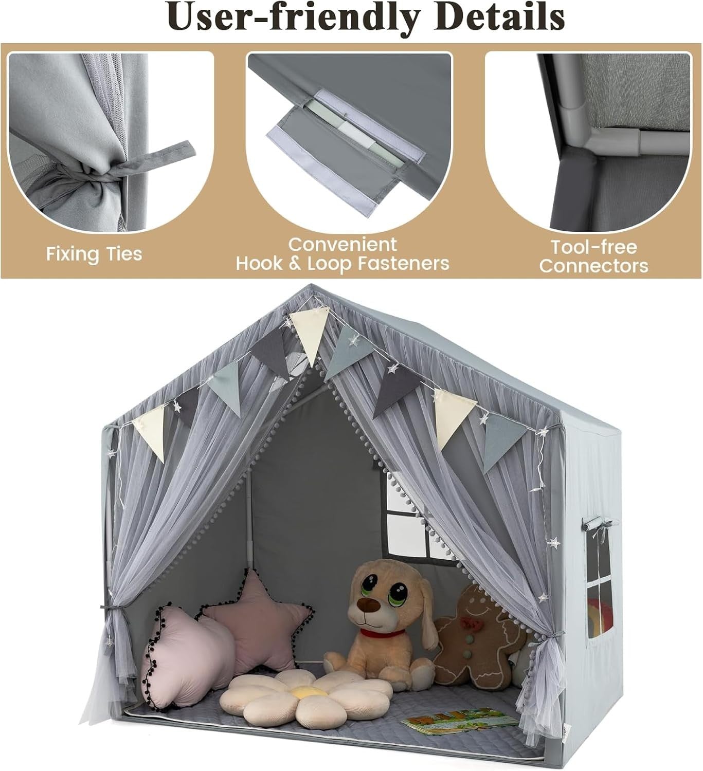 Grey Kids Fairy Play Tent Indoor Playhouse w Lights Mat Curtains