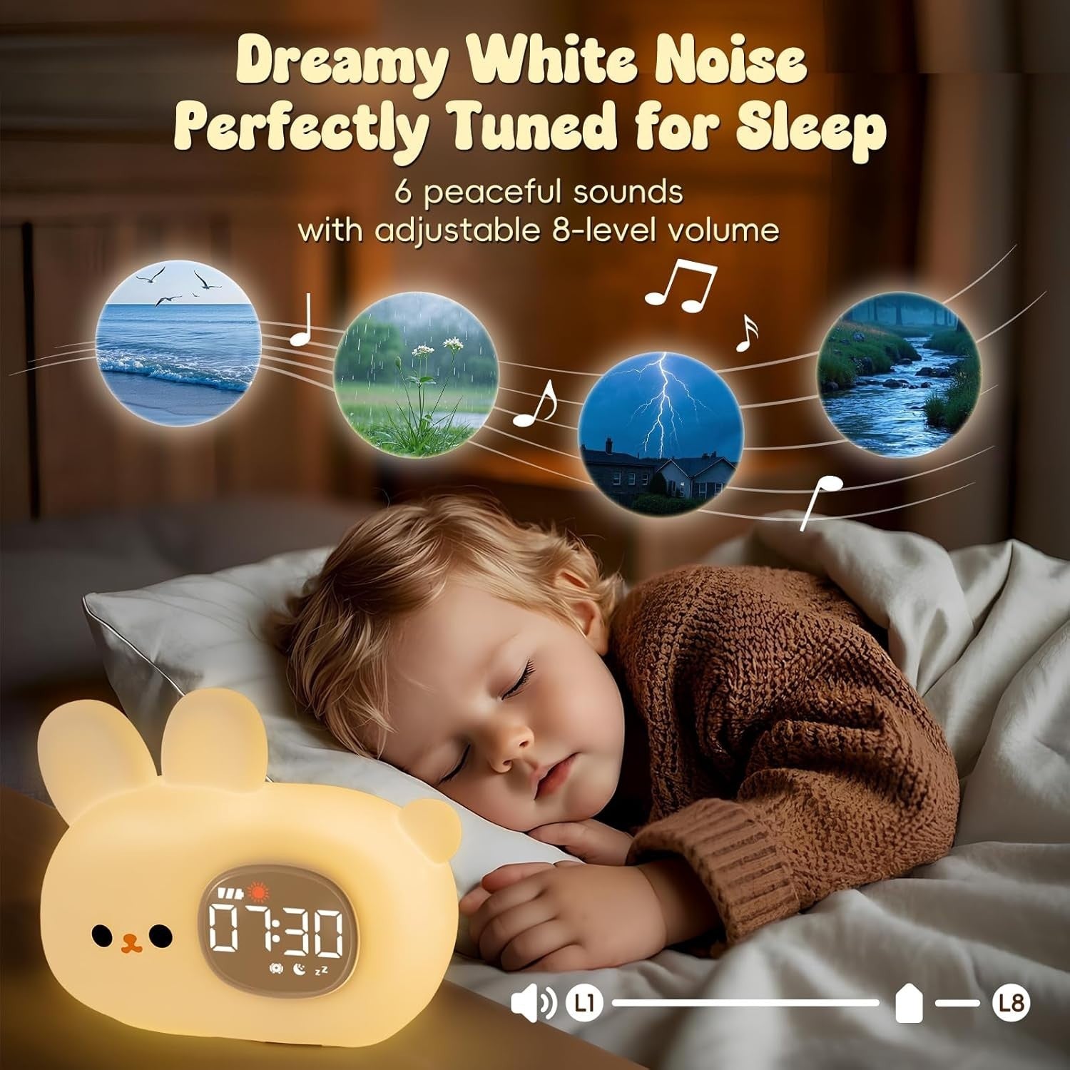 Kids Rabbit Alarm Clock with Night Light, Sleep Training & White Noise