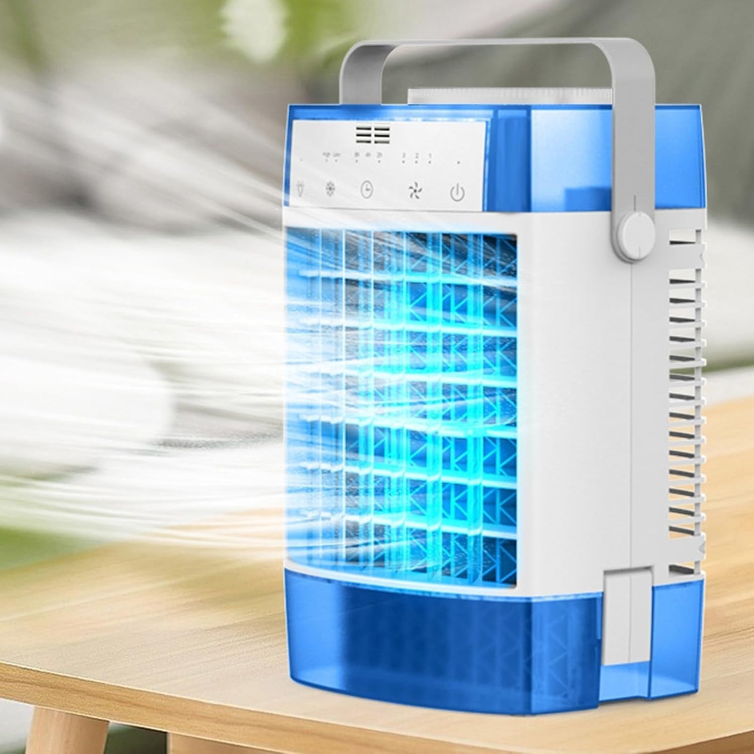 Desktop Air Cooling Fan Portable 3-Speed w Remote 7-Color LED Light Grey Mini AC