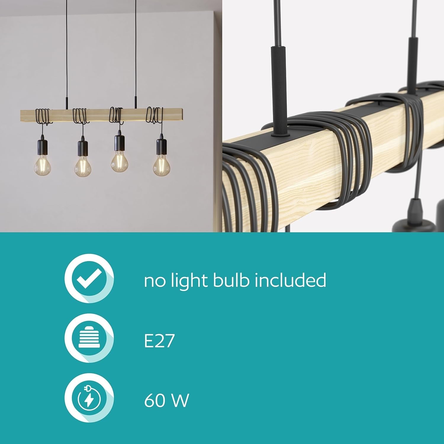 4 Light Industrial Pendant Ceiling Lamp Wood & Metal Vintage E27