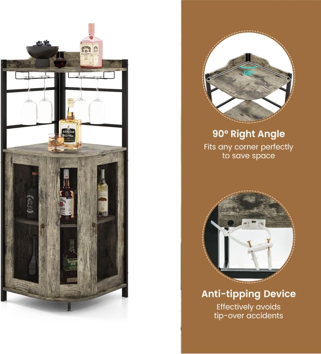 Corner Bar Cabinet with Wine Rack & Glass Holders, Industrial Oak Grey