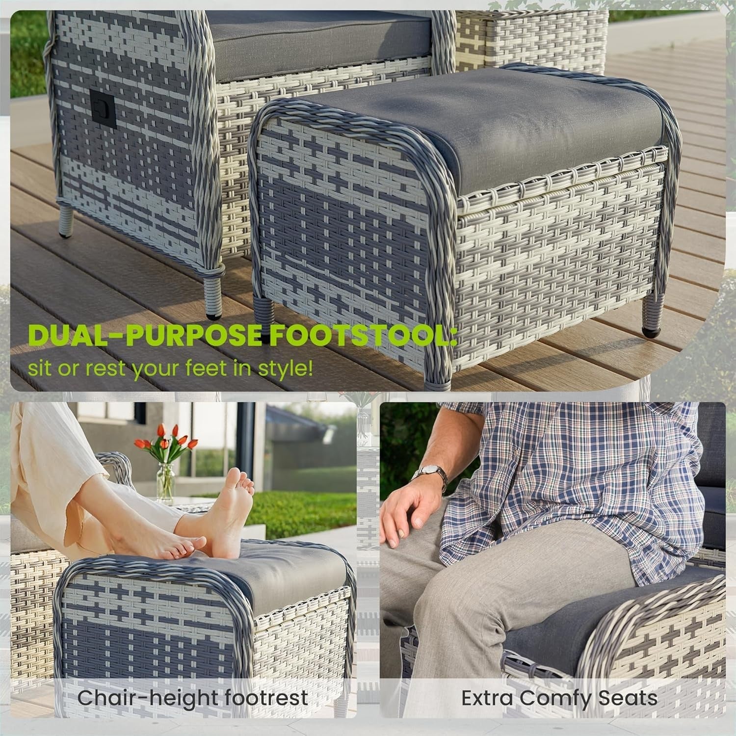 Adjustable Rattan Recliner Bistro Set Chairs Stools Coffee Table Patio Grey