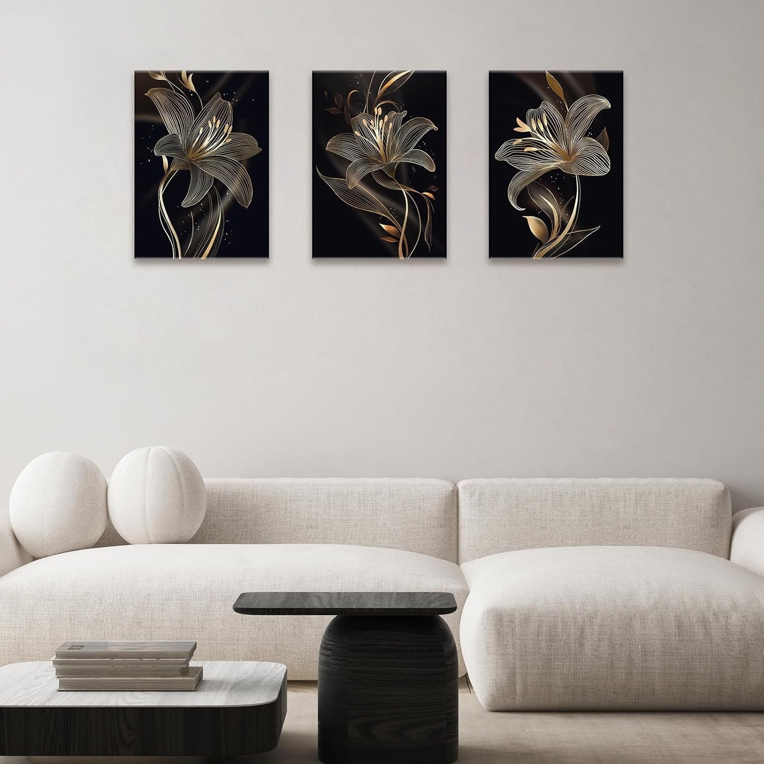 3-Piece Black Gold Lilies Canvas Wall Art 40x60 cm Framed Modern Decor