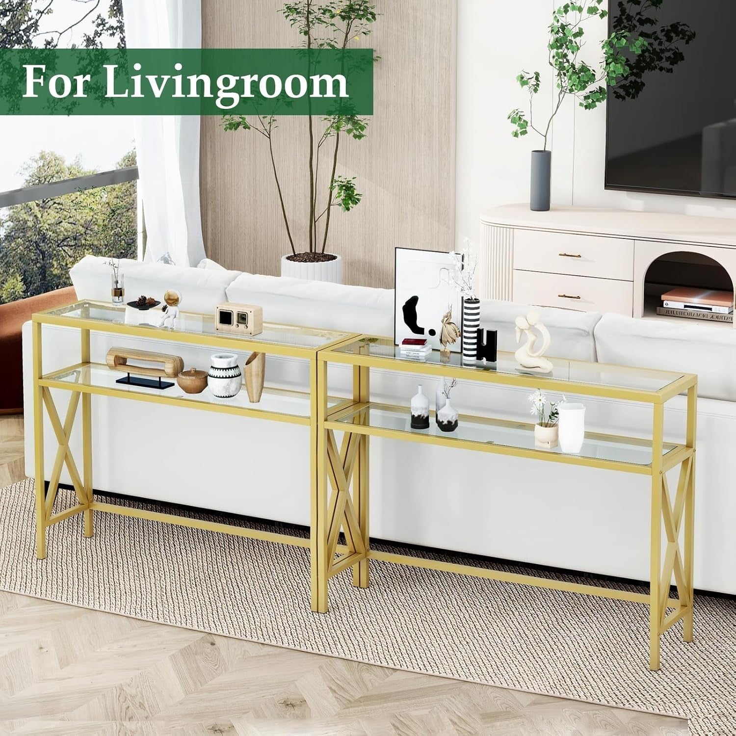 Tempered Glass Console Table with Adjustable Feet & Metal Frame, Gold