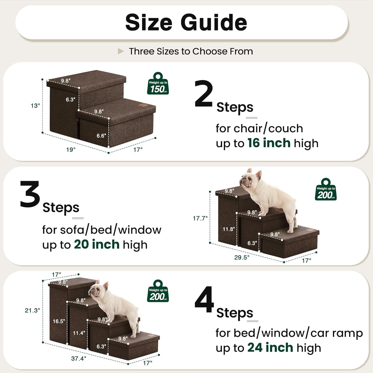 Dog Stairs 3 Step with Storage 18" High Foldable Pet Steps Coffee