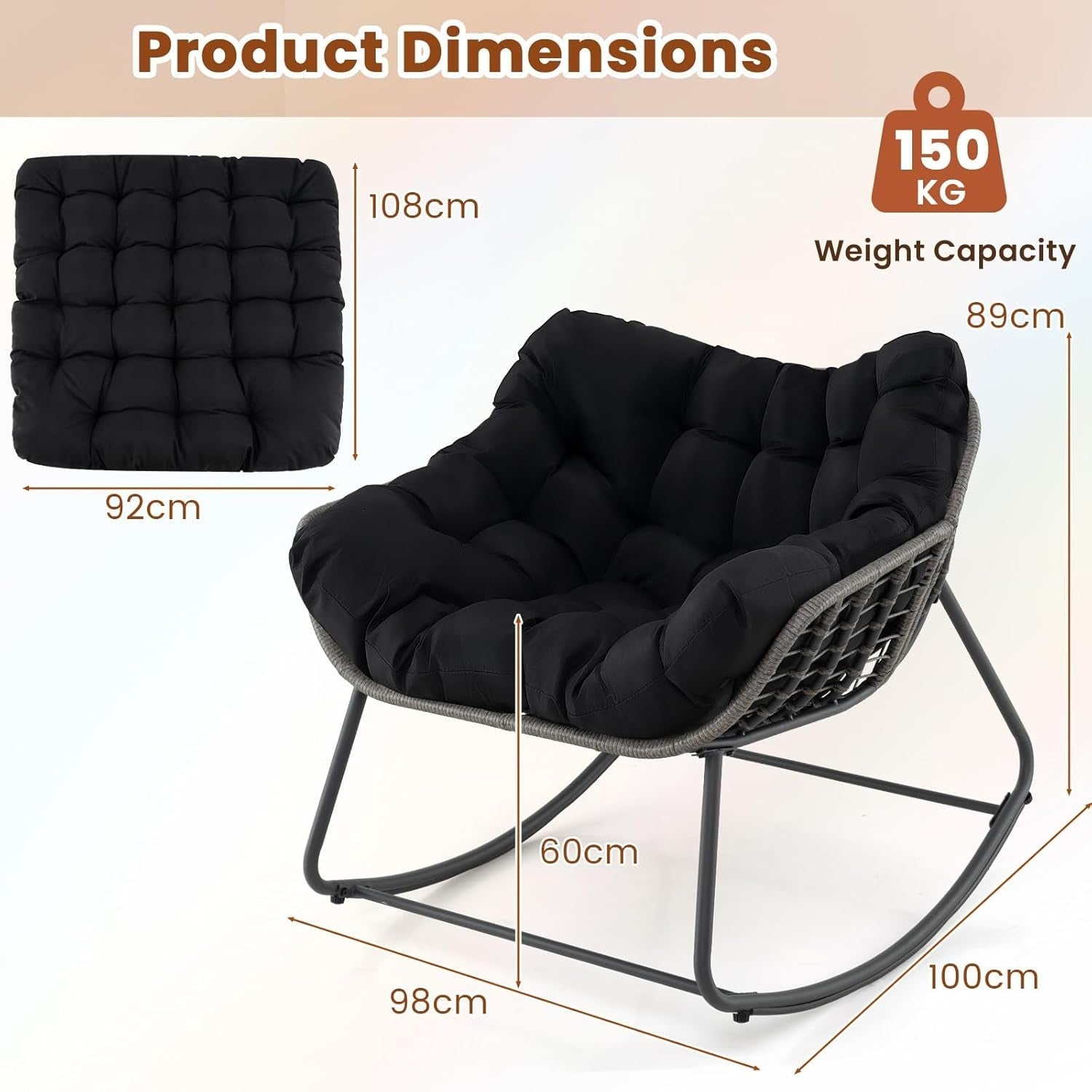 Oversized Outdoor Rocking Chair with Removable Cushion for Patio