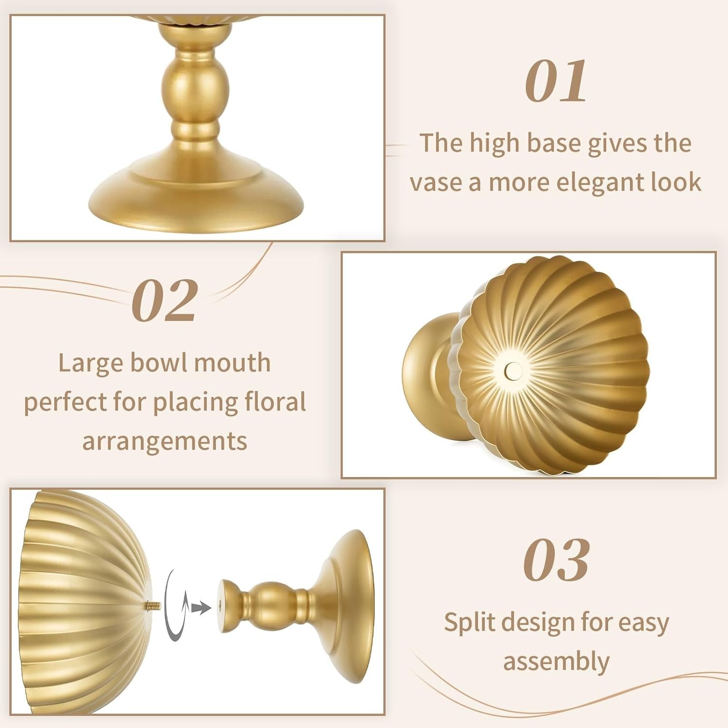 Gold Urn Wedding Centrepiece Vase Pair – 20cm Metal Flower Table Decor