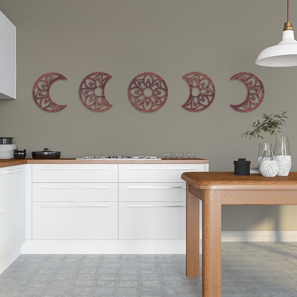 5pcs Moon Phase Wall Decor Boho Wood Flower Hanging Brownish Red