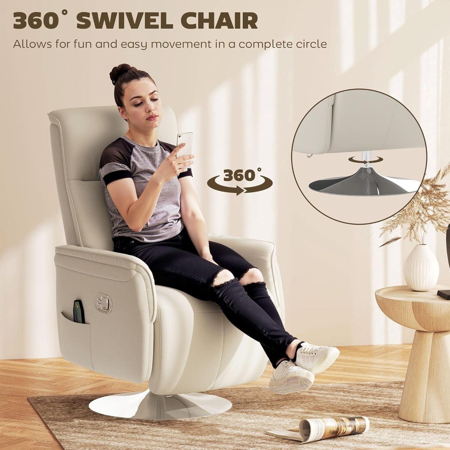 Massage Recliner Chair Footstool 10-Point Swivel Linen Armchair Cream White
