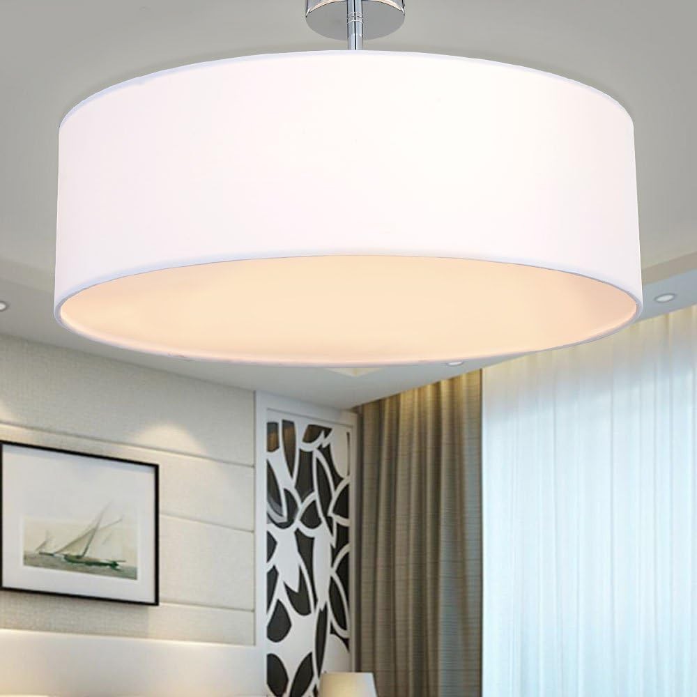 Modern White 3 Light Fabric Drum Ceiling Pendant Light 45.5cm