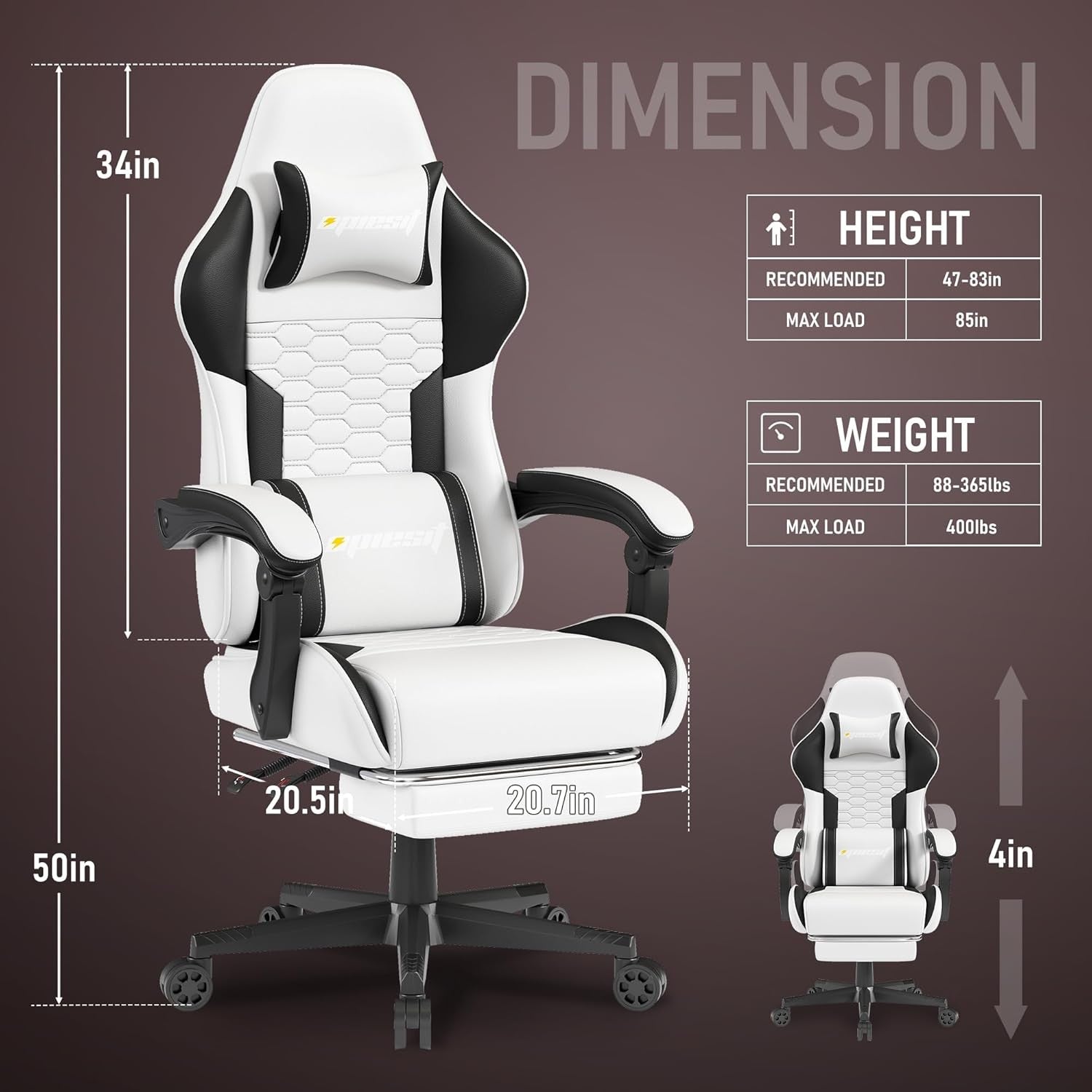 Ergonomic Gaming Chair with Footrest Reclining Swivel White