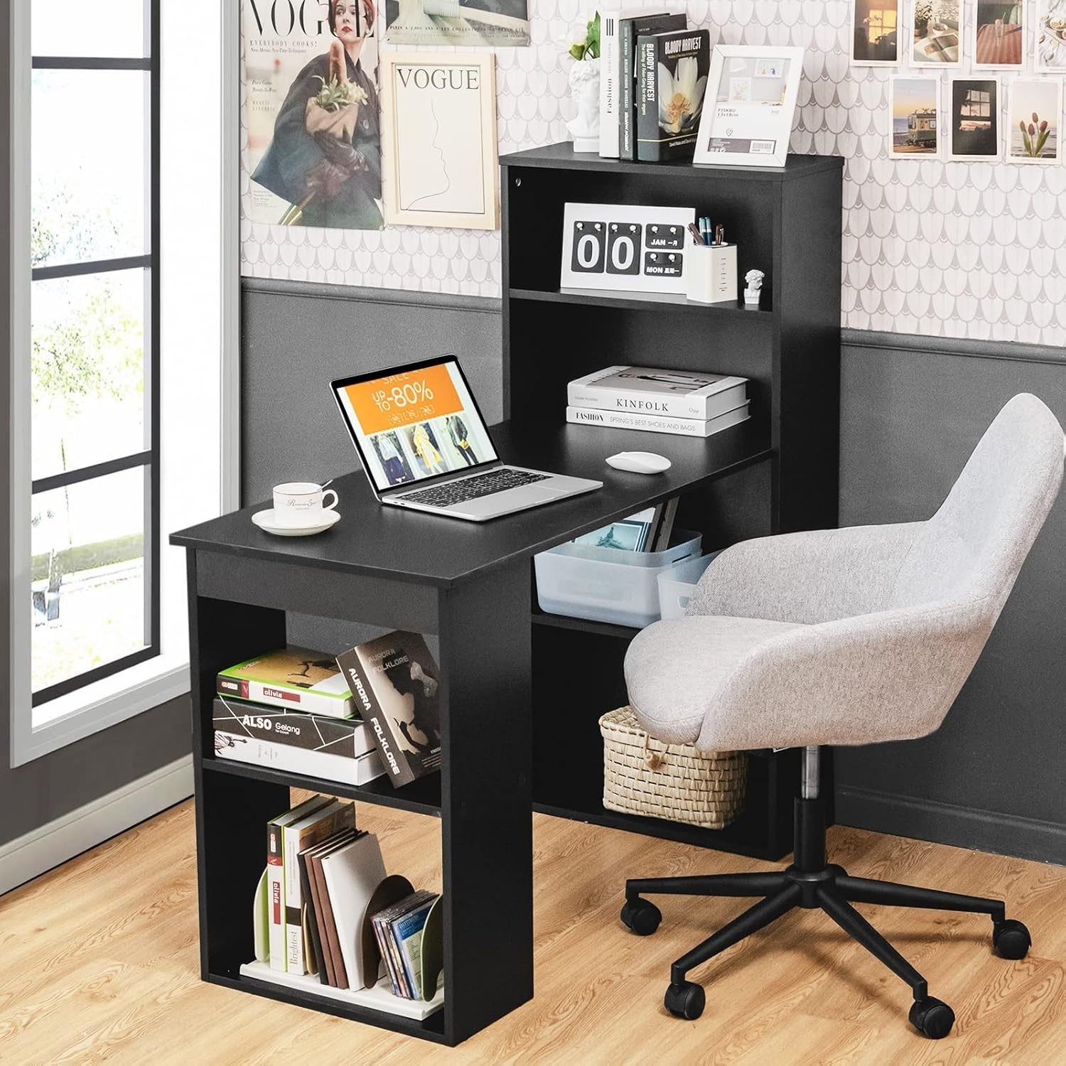 Modern Black Computer Desk with 6-Tier Shelves & Spacious Workstation