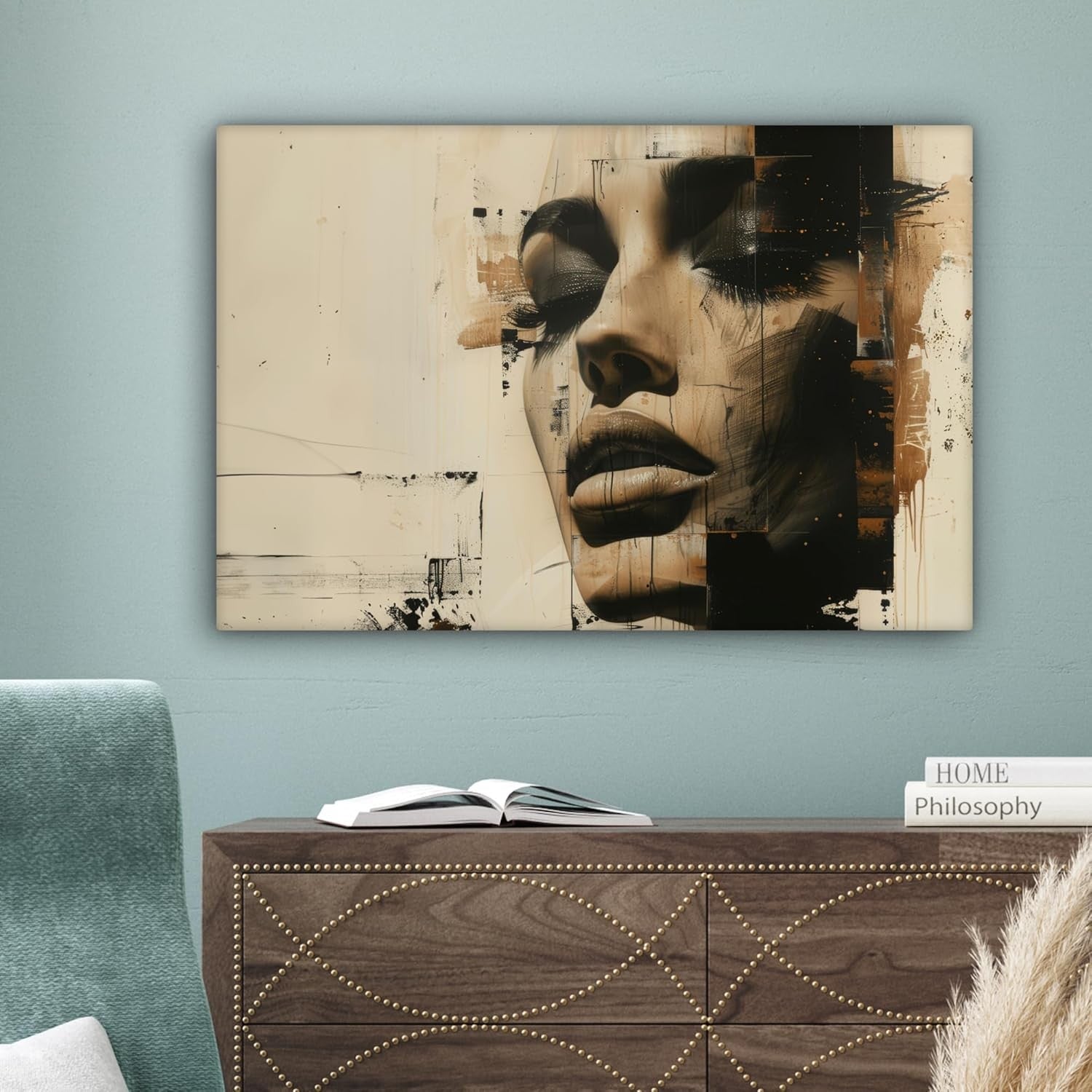 Large Abstract Canvas Wall Art Beige Woman Portrait Modern Living Room Decor