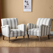 Set of 2 Striped Upholstered Armchair with Wooden Legs Lounge or Bedroom Grey