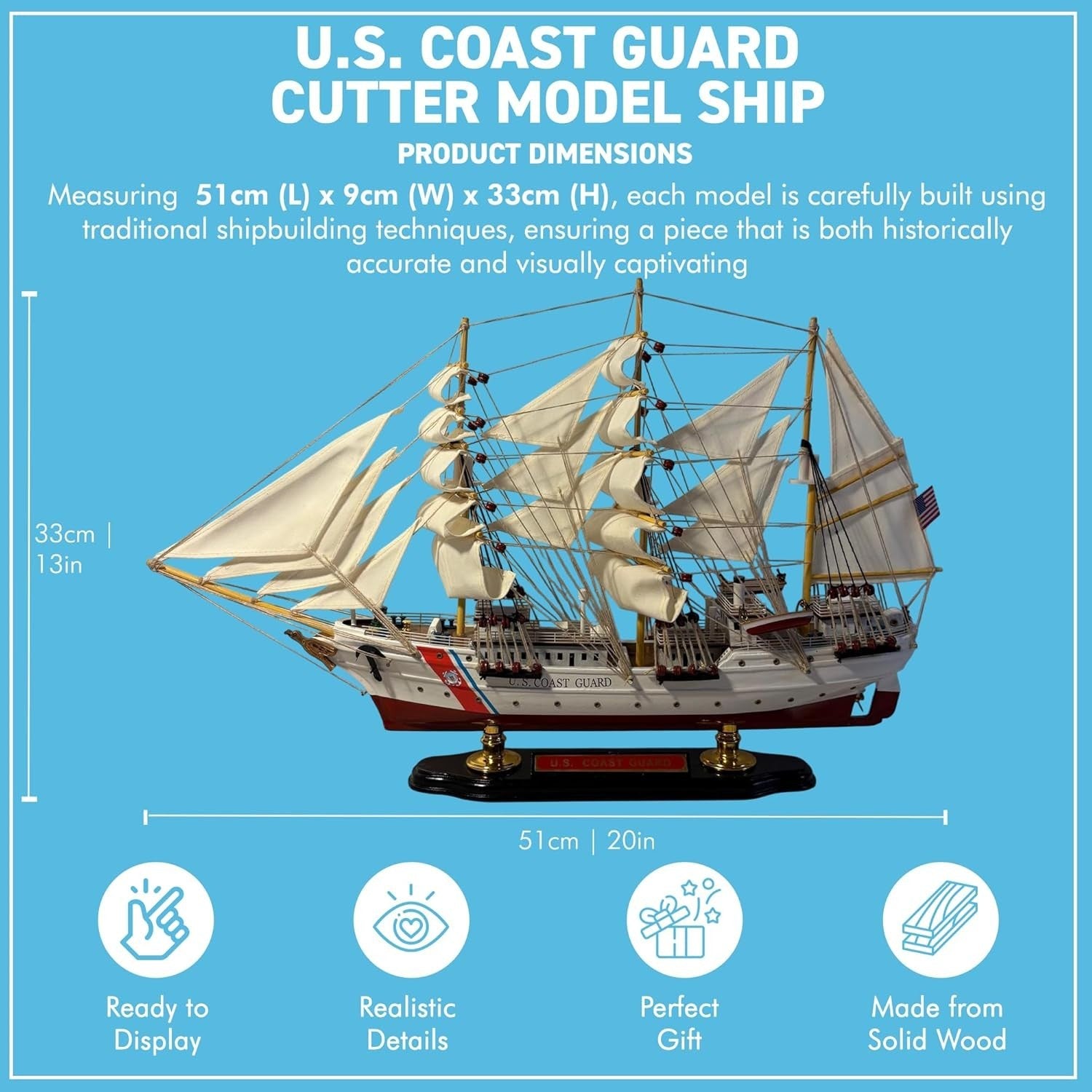 Wooden Coast Guard Cutter Ship Model 51cm Nautical Display Replica Ornament