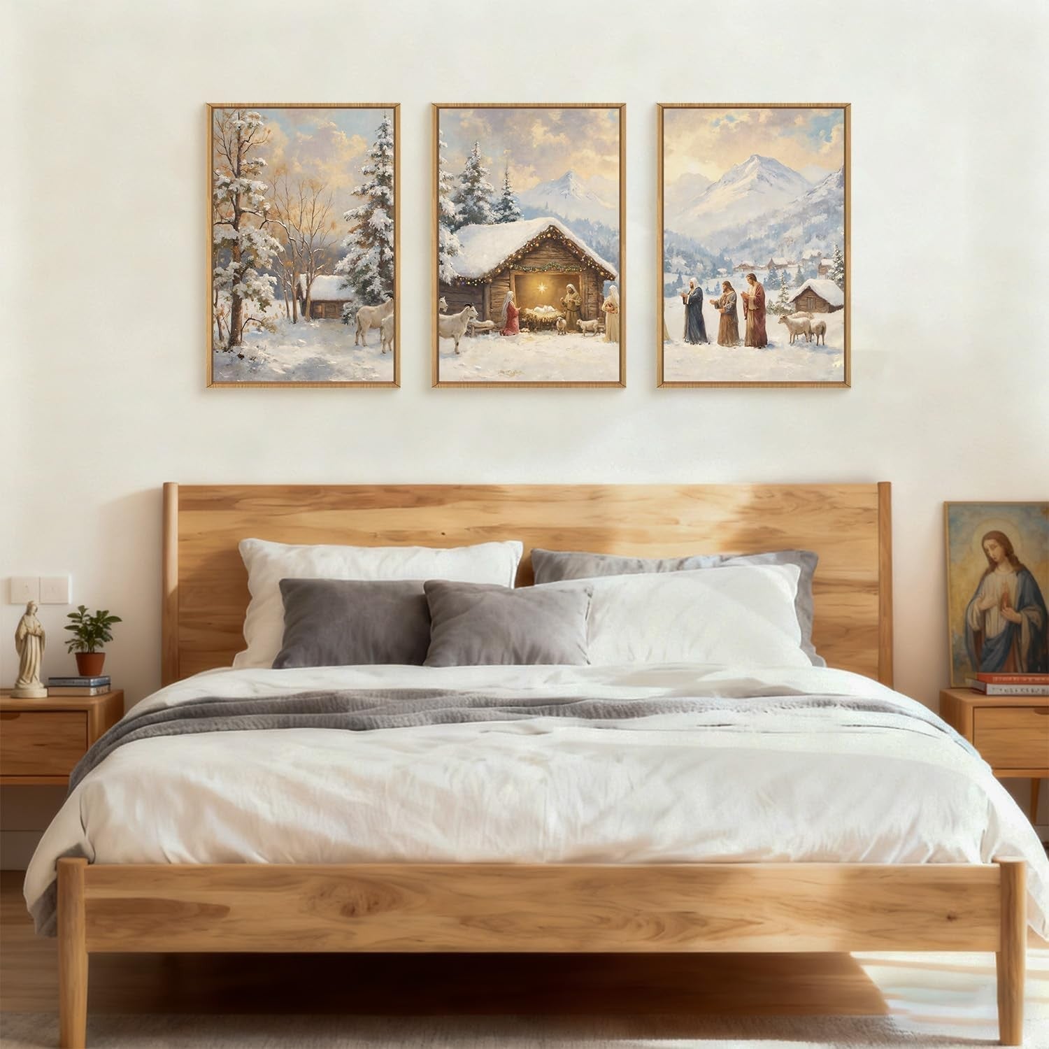 Nativity Framed Canvas Wall Art Set 3 Christian Christmas Winter Decor