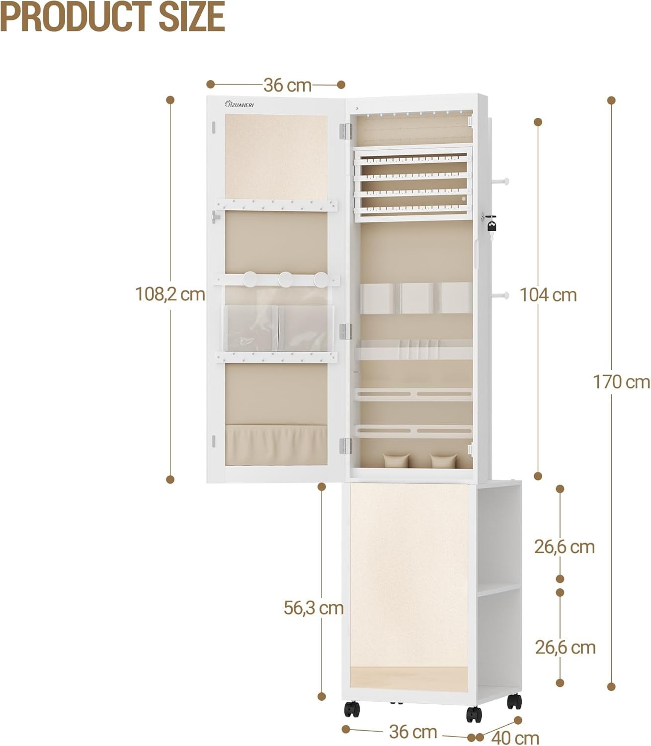 White & Beige LED Jewelry Cabinet Mirror Lockable Rolling Storage Rack