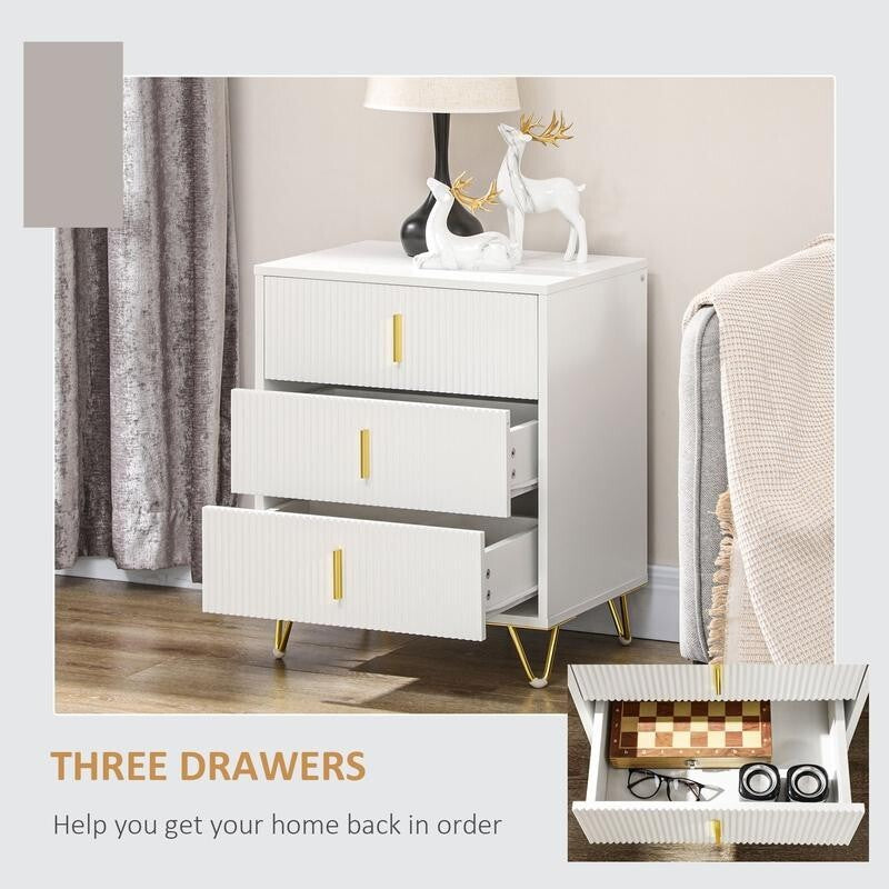 Modern White 3 Drawer Dresser with Gold Legs & Handles Bedroom Storage