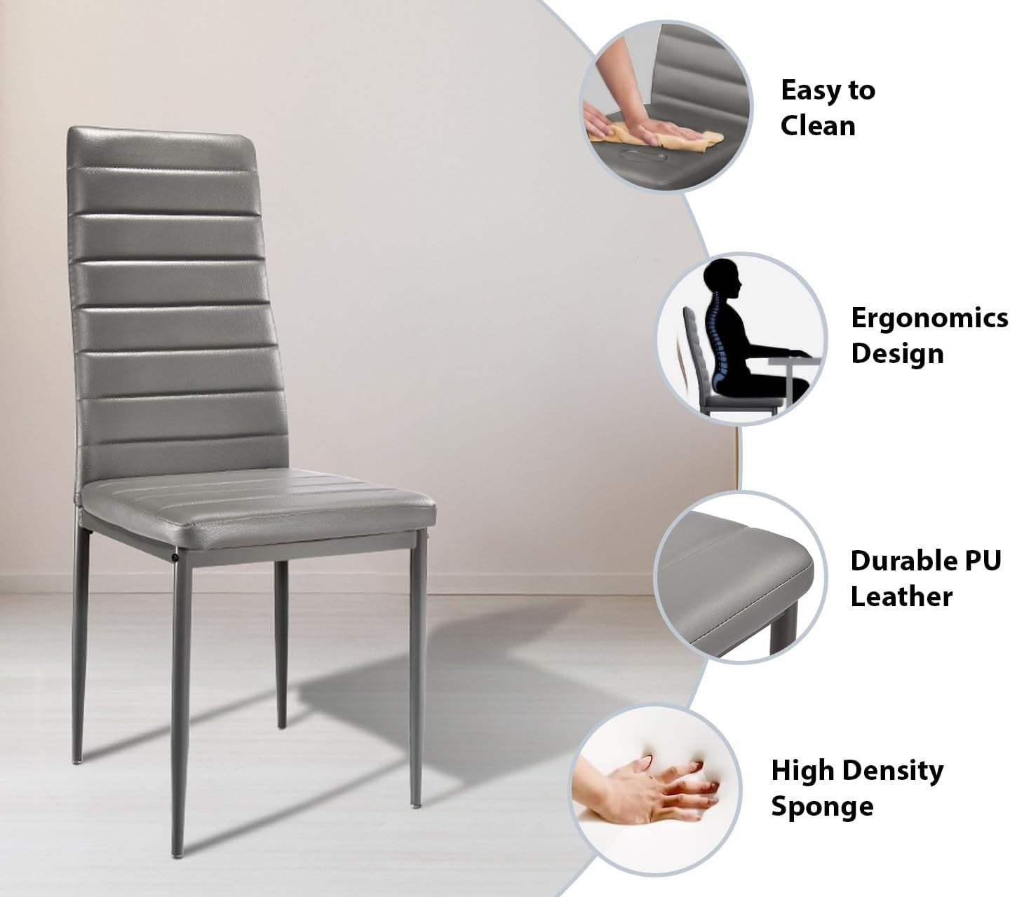 6-Piece Dining Set White Table & Grey PU Leather Chairs Modern 140x80cm