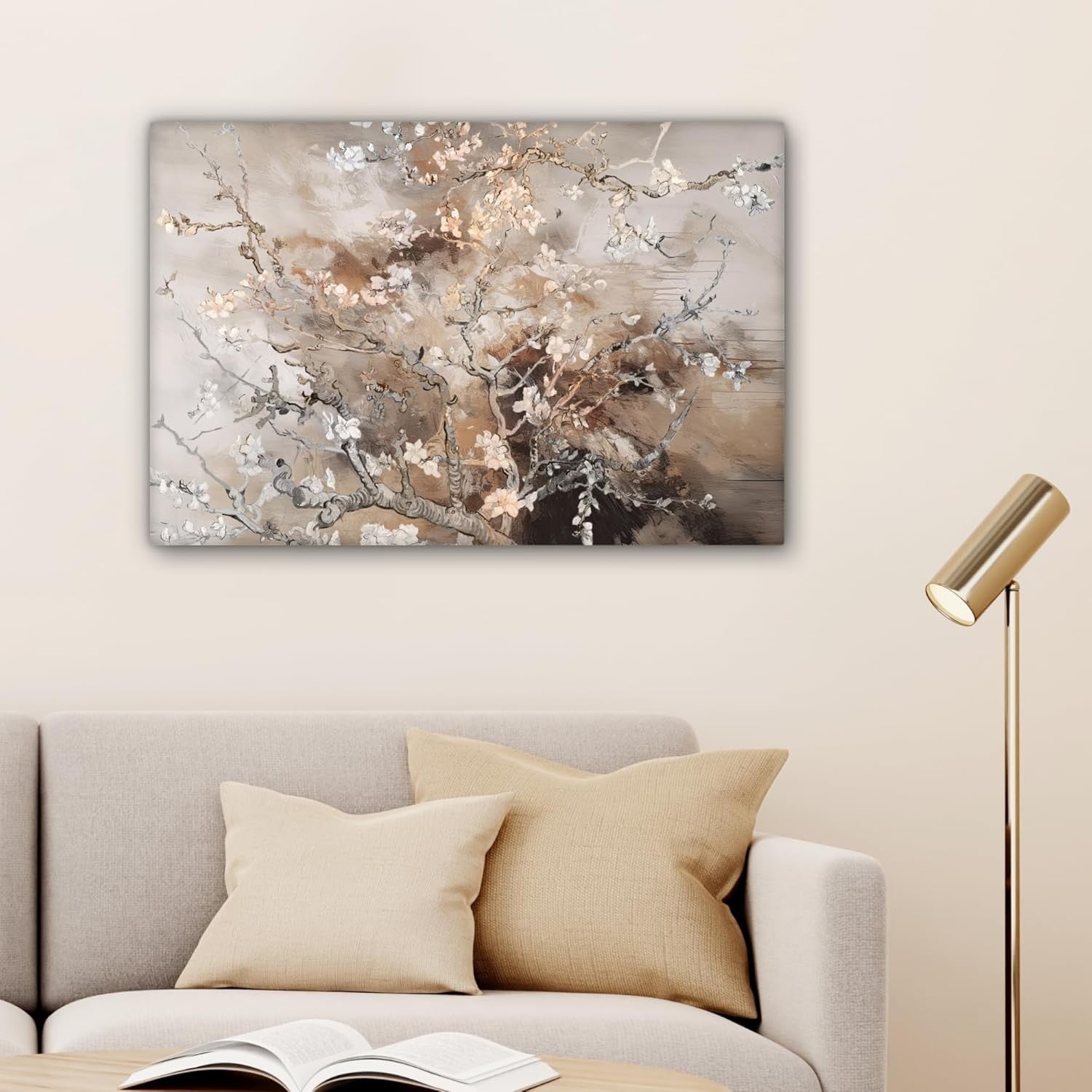 Almond Blossom Canvas Wall Art 60x40cm Framed Beige