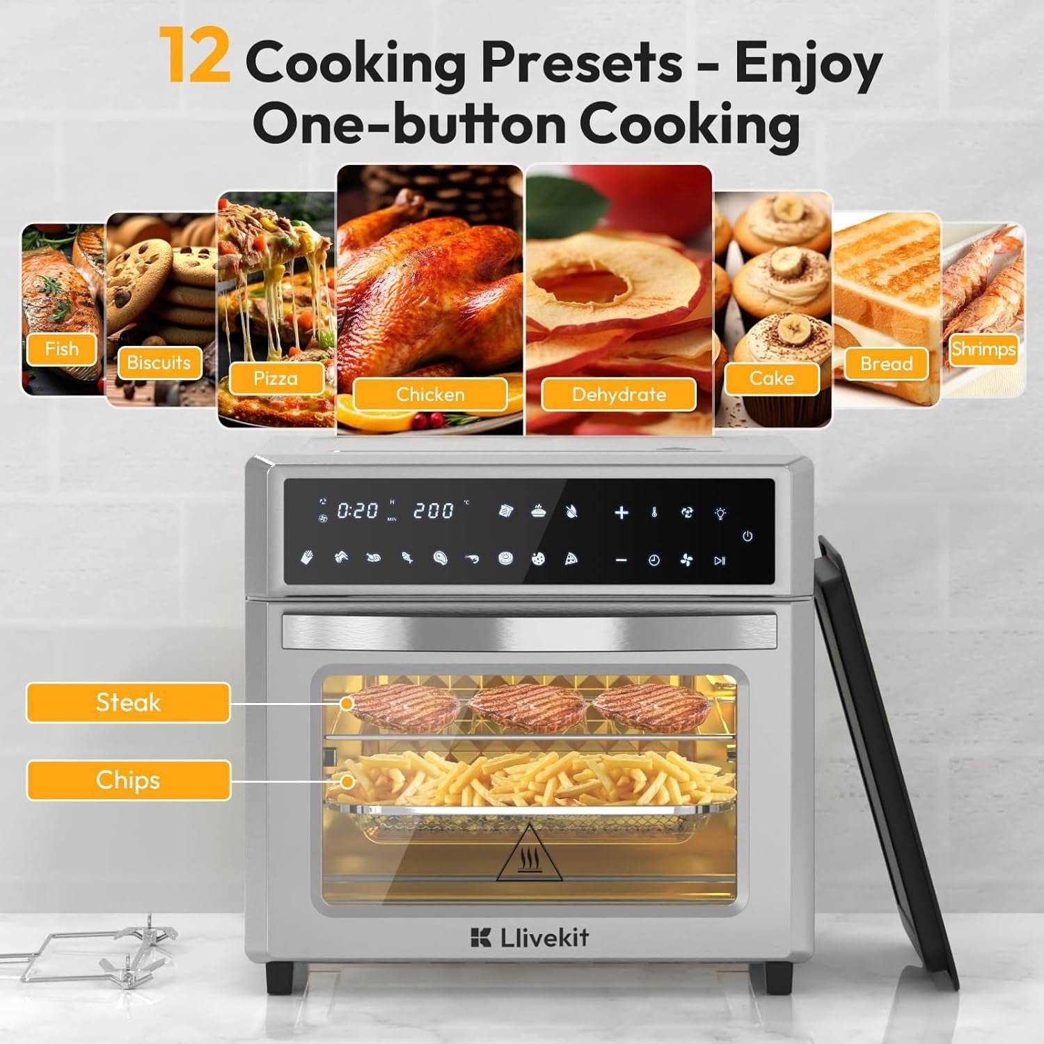 26L Air Fryer Oven Rotisserie 12-in-1 Touch LED 1700W Window 7 Accessories