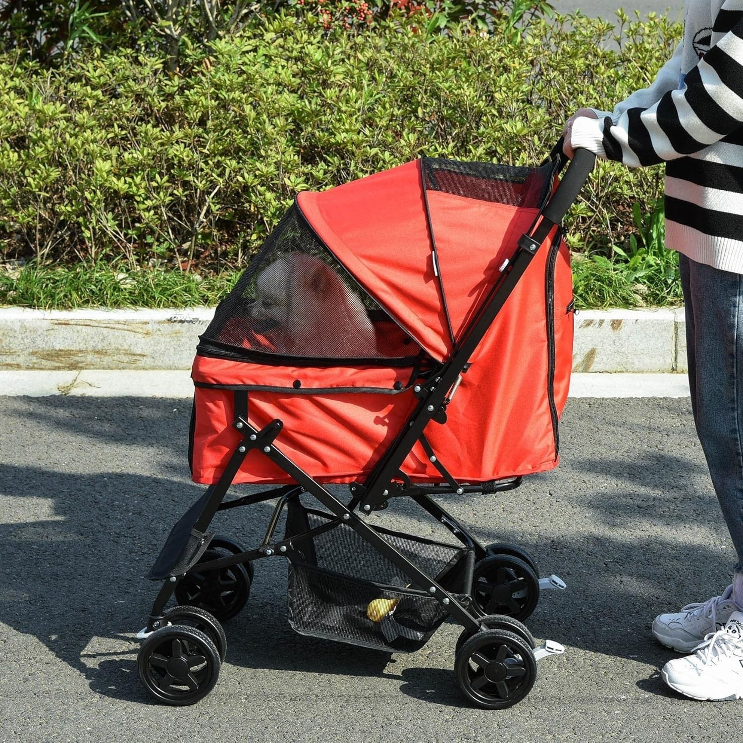 Red Foldable Dog Pushchair Reversible Handle Pet Stroller EVA Wheels