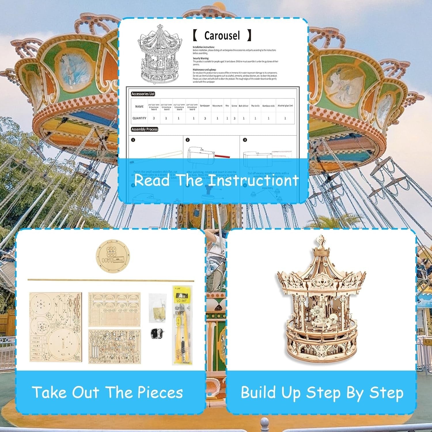 3D Wooden Music Carousel Puzzle with Mechanical Rotation & Light